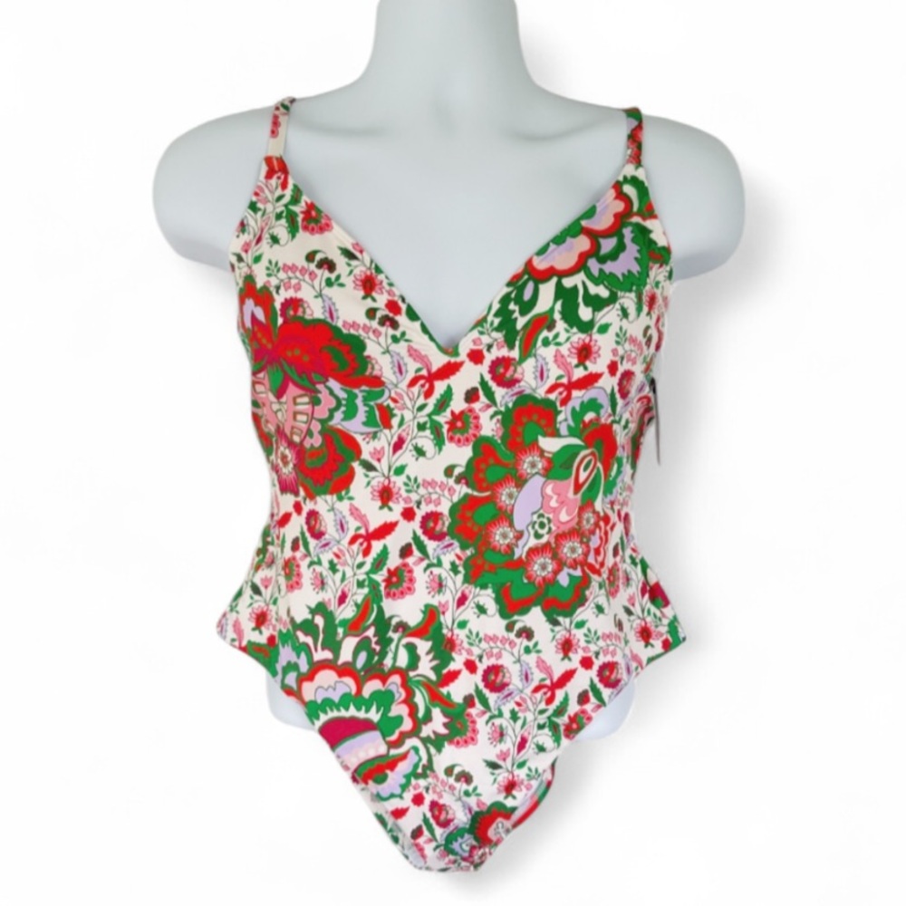 Gibson Latimer red green floral medallion print one piece swim suit size large